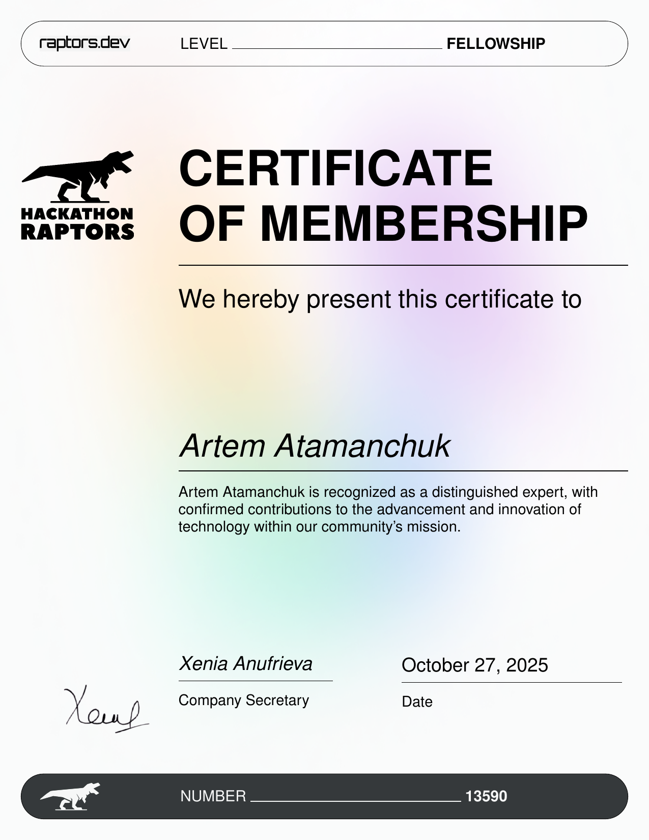 Hackathon Raptors Fellowship Certificate - Artem Atamanchuk