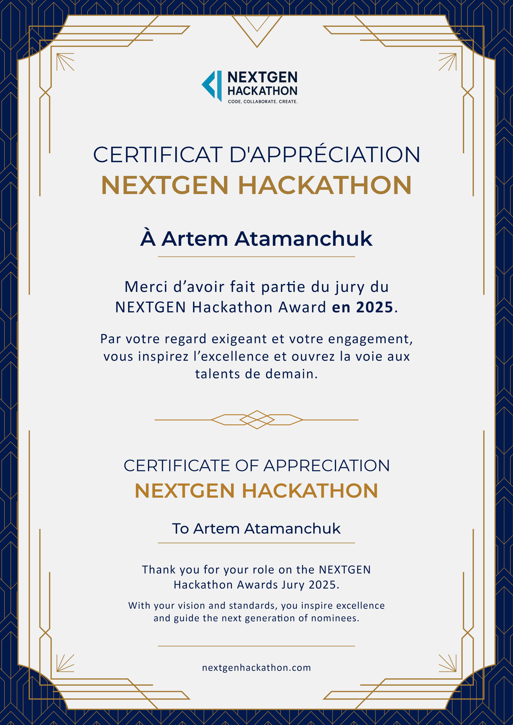 NextGen Hackathon Jury Certificate - Artem Atamanchuk