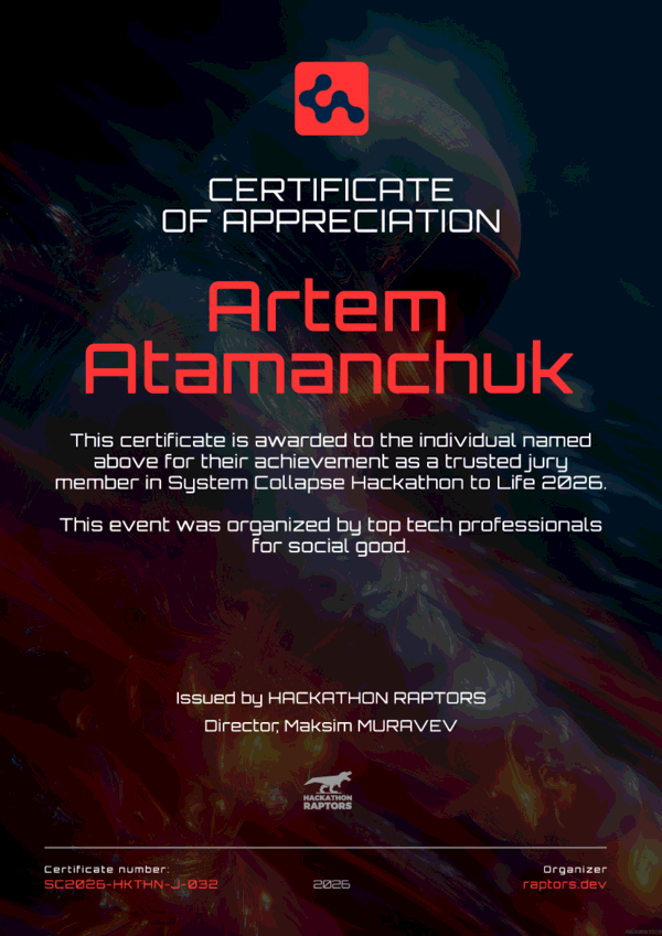 System Collapse Hackathon Jury Certificate - Artem Atamanchuk